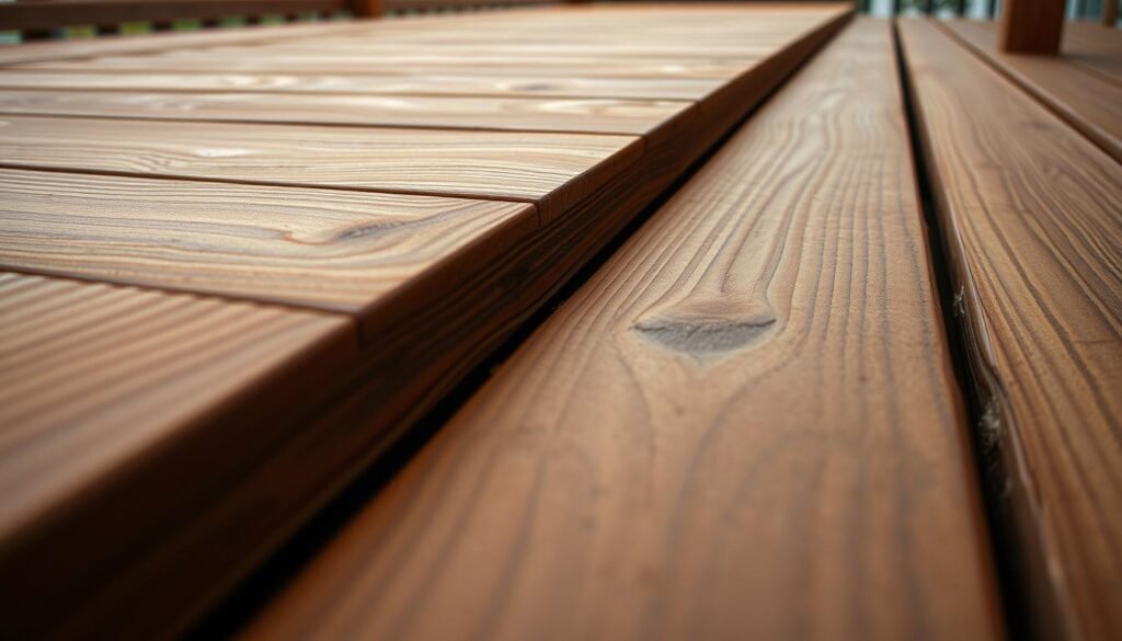 A detailed, well-lit close-up view of expertly crafted deck boards, showcasing the precision and attention to detail in deck construction. The wooden surface displays intricate grain patterns, smooth edges, and a rich, warm tone. In the foreground, the camera focuses on the intersection of deck boards, highlighting the careful alignment and seamless transitions between each piece. The middle ground reveals the sturdy joist structure beneath, emphasizing the importance of proper framing and support. The background subtly suggests an outdoor setting, with just a hint of natural elements like foliage or a distant horizon, creating a sense of context and integration with the surrounding environment.