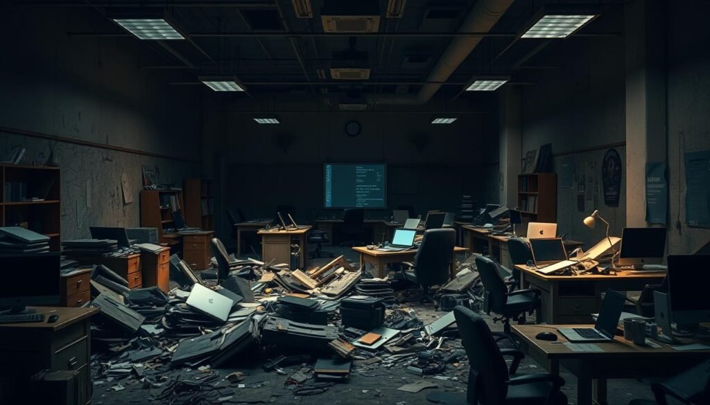 A dilapidated office space, once bustling with the energy of a promising tech startup, now lies in ruin. Crumbled desks, broken laptops, and shattered dreams litter the dimly lit room. Shadows cast by the flickering overhead lights create an eerie, foreboding atmosphere. The once-vibrant color palette has faded, replaced by a somber, muted tone that reflects the failure and disappointment that permeates the space. The scene conveys a sense of abandoned potential, a cautionary tale of the challenges and risks faced by tech entrepreneurs. The image serves as a stark reminder of the harsh realities that can befall even the most ambitious startups. A dilapidated office space, once bustling with the energy of a promising tech startup, now lies in ruin. Crumbled desks, broken laptops, and shattered dreams litter the dimly lit room. Shadows cast by the flickering overhead lights create an eerie, foreboding atmosphere. The once-vibrant color palette has faded, replaced by a somber, muted tone that reflects the failure and disappointment that permeates the space. The scene conveys a sense of abandoned potential, a cautionary tale of the challenges and risks faced by tech entrepreneurs. The image serves as a stark reminder of the harsh realities that can befall even the most ambitious startups.