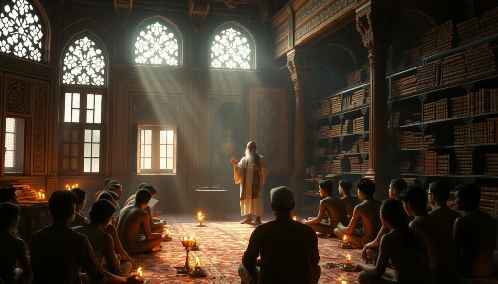 A dimly lit, ancient classroom in India, with sunlight filtering through ornate windows. In the foreground, a group of students sit cross-legged on the floor, engaged in deep study of ancient Sanskrit texts, their faces illuminated by the warm glow of oil lamps. In the middle ground, a revered Sanskrit scholar stands at the front, gesticulating as he imparts his wisdom. The background is filled with intricate architectural details - carved wooden pillars, ornate tapestries, and shelves brimming with leather-bound volumes. An atmosphere of reverence, tradition, and intellectual pursuit permeates the scene.