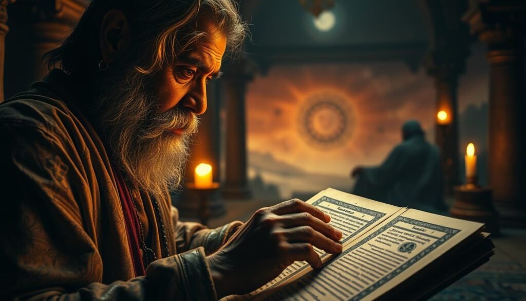 A dimly lit chamber, illuminated by the flickering glow of ancient scriptures. In the foreground, a wise scholar pores over intricate Vedic manuscripts, their brow furrowed in deep contemplation. The middle ground reveals a tapestry of symbolic imagery, representing the rich layers of Vedic interpretation – sacred geometry, celestial motifs, and mystical iconography. In the background, a hazy, dreamlike landscape unfolds, hinting at the profound cosmic insights encoded within these timeless texts. The atmosphere is one of reverence, enlightenment, and the timeless pursuit of spiritual wisdom. A dimly lit chamber, illuminated by the flickering glow of ancient scriptures. In the foreground, a wise scholar pores over intricate Vedic manuscripts, their brow furrowed in deep contemplation. The middle ground reveals a tapestry of symbolic imagery, representing the rich layers of Vedic interpretation – sacred geometry, celestial motifs, and mystical iconography. In the background, a hazy, dreamlike landscape unfolds, hinting at the profound cosmic insights encoded within these timeless texts. The atmosphere is one of reverence, enlightenment, and the timeless pursuit of spiritual wisdom.