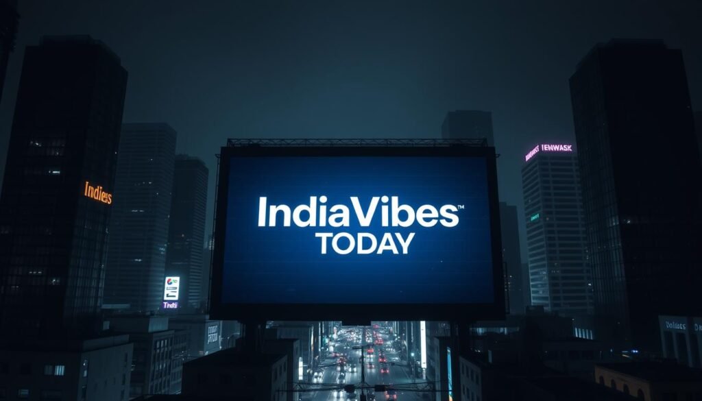 A dimly lit cityscape, with towering skyscrapers of glass and steel, symbolizing the vast influence of social media platforms. In the foreground, a colossal digital screen displays the IndiaVibes Today logo, casting an ominous glow over the scene. Shadows and flickers of light hint at the complex legal and ethical implications of social media regulation, as the city streets below bustle with activity, reflecting the ever-evolving digital landscape. The atmosphere is one of unease, with a sense of uncertainty and the weight of responsibility hanging in the air, mirroring the challenges faced by lawmakers and tech giants alike.