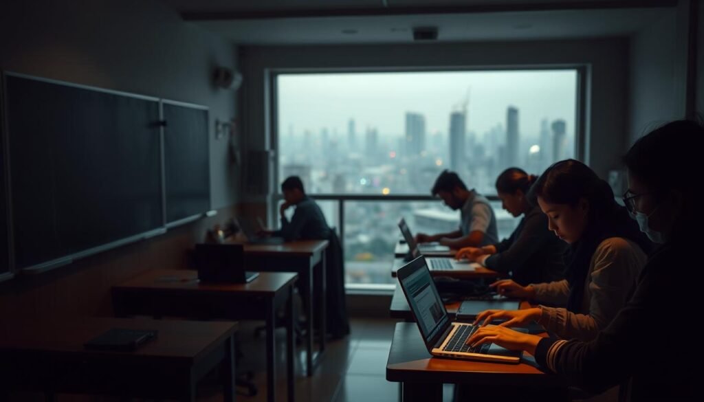 A dimly lit classroom in an Indian tech institute, with a chalkboard and desks in the foreground. In the middle ground, students intently taking notes and typing on their laptops, their faces illuminated by the soft glow of the screens. The background features a panoramic view of a bustling city skyline, hinting at the urban setting and the potential for growth and opportunity. The lighting is warm and subdued, creating a pensive atmosphere, suggesting the challenges and complexities of India's tech education landscape.