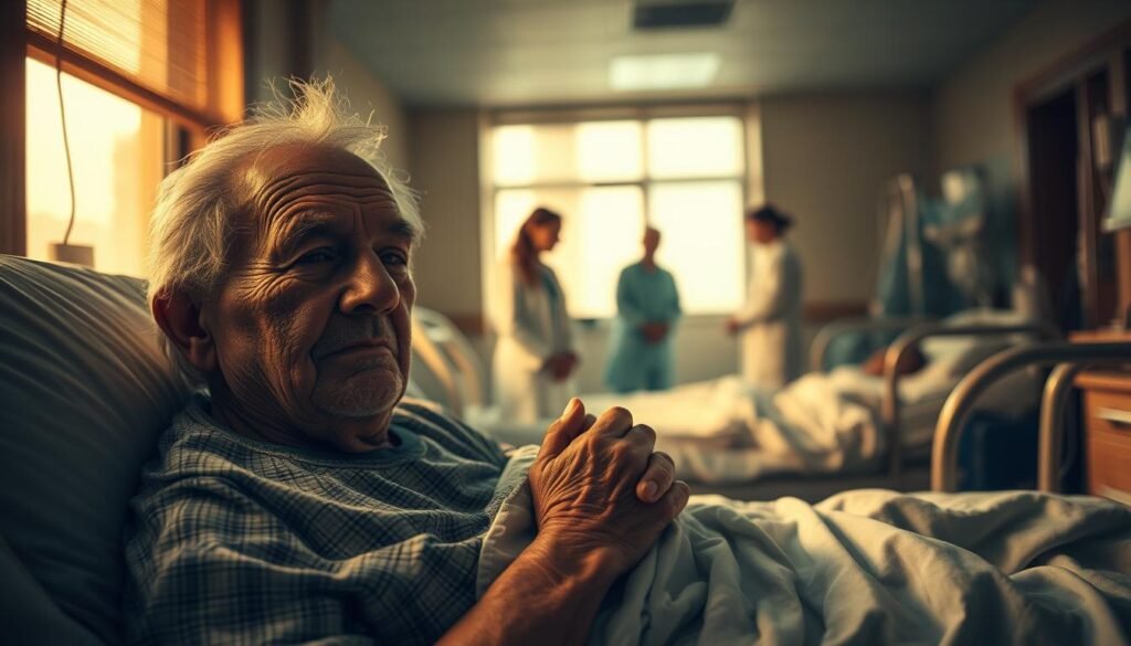 A dimly lit hospital ward, the air heavy with the scent of antiseptic and the quiet hum of medical equipment. In the foreground, an elderly patient rests in a hospital bed, their weathered face etched with lines of wisdom and experience. Beside them, a concerned family member holds their hand, offering comfort and care. In the middle ground, a team of healthcare professionals move with practiced efficiency, tending to the patient's needs. The background is softly blurred, emphasizing the intimate, focused moment. Warm, golden lighting filters through the windows, casting a gentle glow over the scene and conveying a sense of security and compassion. This image captures the vital role of healthcare in supporting the aging population, providing a glimpse into the delicate balance of medical treatment and personal connection.