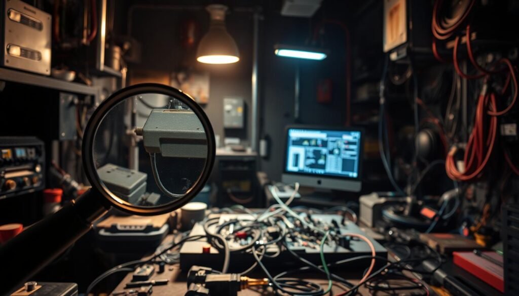 A dimly lit industrial workshop filled with various tools and equipment, showcasing the common challenges faced in quality control. In the foreground, a magnifying glass examines a component, highlighting the need for precise inspection. In the middle ground, a tangle of wires and cables represents the complexities of system integration. In the background, a computer monitor displays quality control data, underscoring the importance of data-driven decision-making. The lighting is harsh, creating deep shadows and a sense of tension, reflecting the high-stakes nature of ensuring product accuracy. The overall scene conveys the multifaceted nature of quality control, where attention to detail, problem-solving, and technological integration are paramount.
