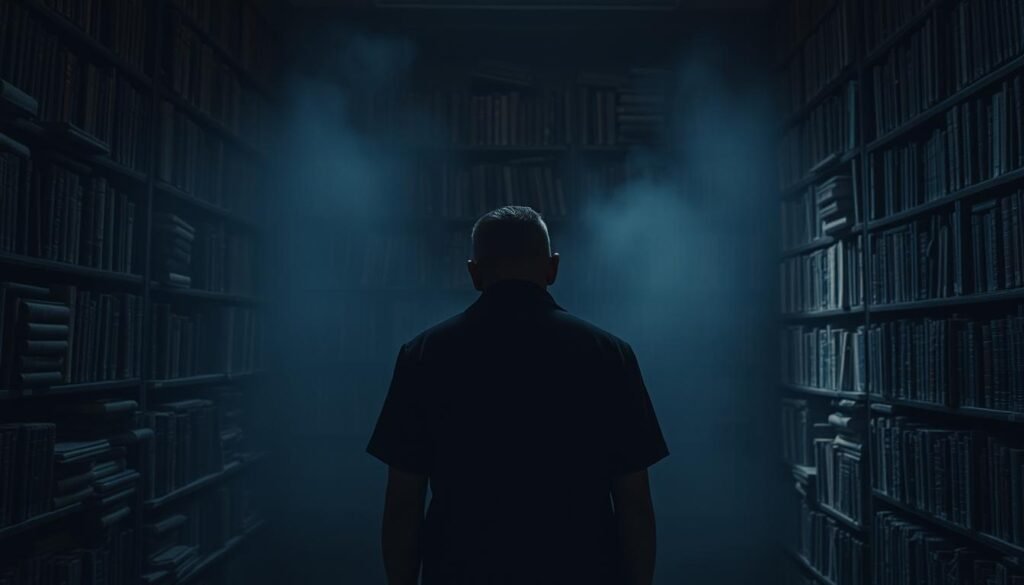 A dimly lit library, shelves of ancient tomes slowly crumbling, their pages a tapestry of fading dialects. In the foreground, a lone figure, head bowed, shoulders heavy with the weight of vanishing voices - the last embers of a dying language. Shadows creep in, enveloping the room, a tangible metaphor for the inexorable march of linguistic extinction. Muted colors, a somber palette, convey the melancholy of this scene, a visual lament for the languages that slip through the cracks of progress, their stories untold, their melodies unsung.