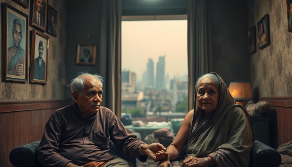 A dimly lit room, its walls adorned with fading family portraits, sets the stage for a scene depicting India's aging population. In the foreground, an elderly couple sit side by side, their weathered faces etched with the wisdom and resilience of a lifetime. Midground, a grandchild tenderly holds the hand of a grandparent, a symbol of the intergenerational bond that sustains this community. The background reveals a bustling city skyline, a reminder of the rapid urbanization that challenges traditional support systems. Soft, warm lighting casts a nostalgic glow, evoking a sense of both the burdens and joys of growing old in modern India.