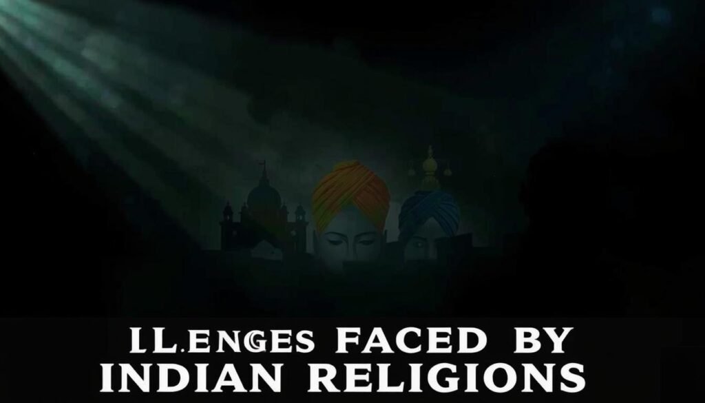 A dimly lit scene depicting the challenges faced by Indian religions. In the foreground, a shadowy figure representing the forces of intolerance and oppression, casting a looming presence. In the middle ground, a collage of religious symbols - a Hindu temple, a Sikh turban, a Buddhist stupa - under assault from the dark forces. The background is hazy, obscuring the details but suggesting the broader social, political, and cultural conflicts that threaten the diversity of India's faiths. The lighting is somber, with shafts of light piercing through the gloom, symbolizing the resilience and perseverance of these ancient traditions. The overall mood is one of uncertainty and struggle, capturing the essence of the "Challenges Faced by Indian Religions". A dimly lit scene depicting the challenges faced by Indian religions. In the foreground, a shadowy figure representing the forces of intolerance and oppression, casting a looming presence. In the middle ground, a collage of religious symbols - a Hindu temple, a Sikh turban, a Buddhist stupa - under assault from the dark forces. The background is hazy, obscuring the details but suggesting the broader social, political, and cultural conflicts that threaten the diversity of India's faiths. The lighting is somber, with shafts of light piercing through the gloom, symbolizing the resilience and perseverance of these ancient traditions. The overall mood is one of uncertainty and struggle, capturing the essence of the "Challenges Faced by Indian Religions".