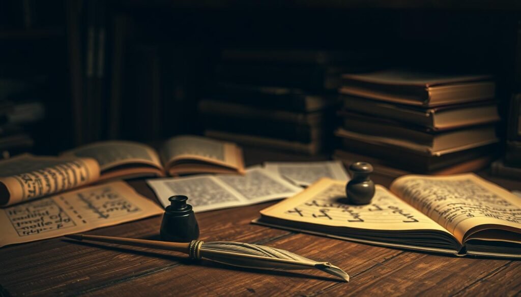 A dimly lit study, ancient Sanskrit manuscripts scattered across a worn wooden desk. In the foreground, a quill pen and inkwell, symbols of the arduous task of preserving this timeless language. The middle ground features a stack of books, their pages yellowed by time, representing the challenges of translating and interpreting the complexities of Sanskrit. The background is shrouded in shadows, hinting at the gradual fading of this linguistic tradition in the modern world. Soft, warm lighting casts a melancholic glow, evoking the bittersweet struggle to safeguard Sanskrit's legacy.