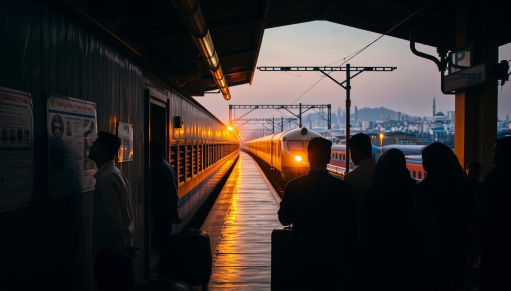 A dimly lit train station platform in India, with a warm, golden glow from the overhead lamps. In the foreground, a group of travelers standing near their luggage, carefully examining safety posters on the wall. In the middle ground, a train slowly pulling into the station, its headlights piercing the evening haze. In the background, a vibrant city skyline, with towering buildings and the silhouettes of distant mountains. The scene conveys a sense of caution and preparation, as the travelers prepare for their journey, mindful of the safety tips displayed around them.