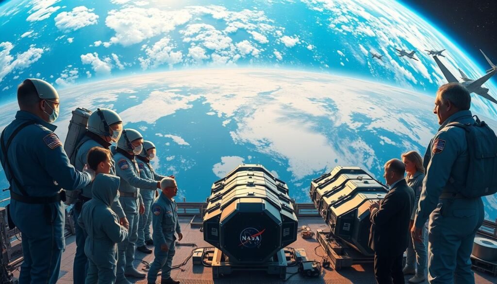 A diverse array of global space agencies collaborating on an ambitious joint mission, set against a backdrop of Earth's majestic blue marble. Astronauts from different nations, wearing their distinct uniforms, shake hands and discuss plans under the warm glow of overhead lighting. In the middle ground, advanced modular spacecraft components are being assembled, their sleek designs hinting at cutting-edge technology. The distant horizon is dotted with additional spacecraft, symbolizing the international scope of the endeavor. An atmosphere of cooperation, scientific curiosity, and shared purpose permeates the scene, capturing the essence of global space exploration partnerships.