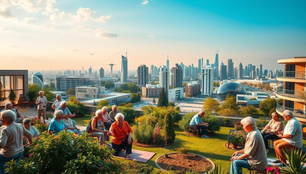 A diverse array of international initiatives for successful aging, captured in a panoramic view. In the foreground, a vibrant community center bustling with active seniors engaged in various enriching activities - yoga, gardening, music-making. The midground showcases assisted living facilities with modern amenities and a focus on independence. In the background, a skyline of futuristic smart cities with innovative transportation and healthcare solutions tailored for the elderly. Warm, natural lighting illuminates the scene, conveying a sense of hope and vitality. Crisp, cinematic composition with a wide-angle lens to encompass the comprehensive scope of global approaches to supporting the aging population.