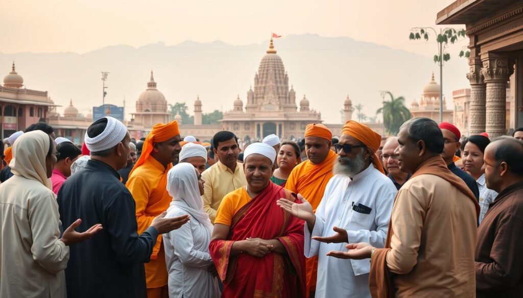 A diverse crowd gathers in the vibrant streets of India, representing the nation's rich tapestry of faiths. In the foreground, people of various religious attire - saffron-robed Hindus, modest-dressed Muslims, and serene-faced Buddhists - engage in lively discussion, gesturing with open palms. The middle ground reveals a grand temple, its ornate architecture reflecting the architectural traditions of multiple belief systems. In the background, a hazy mountain range provides a serene backdrop, symbolizing the enduring coexistence of these spiritual traditions. Soft, diffused lighting creates an atmosphere of harmony and understanding, capturing the essence of inter-religious relations in India. A diverse crowd gathers in the vibrant streets of India, representing the nation's rich tapestry of faiths. In the foreground, people of various religious attire - saffron-robed Hindus, modest-dressed Muslims, and serene-faced Buddhists - engage in lively discussion, gesturing with open palms. The middle ground reveals a grand temple, its ornate architecture reflecting the architectural traditions of multiple belief systems. In the background, a hazy mountain range provides a serene backdrop, symbolizing the enduring coexistence of these spiritual traditions. Soft, diffused lighting creates an atmosphere of harmony and understanding, capturing the essence of inter-religious relations in India.
