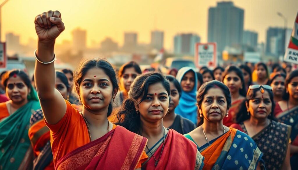 A diverse group of determined women in vibrant traditional Indian attire, standing tall and resolute, their faces lit by a warm, golden glow. In the foreground, a young activist raises a fist defiantly, while her companions march beside her, their expressions conveying unwavering strength and purpose. The middle ground features women of various ages and backgrounds, each representing a different field of achievement - politics, education, the arts, and social reform. In the background, a bustling urban landscape serves as a dynamic backdrop, symbolizing the challenges and progress of their journeys. The scene exudes a powerful, inspirational atmosphere, capturing the essence of women in India who have broken barriers and paved the way for others. A diverse group of determined women in vibrant traditional Indian attire, standing tall and resolute, their faces lit by a warm, golden glow. In the foreground, a young activist raises a fist defiantly, while her companions march beside her, their expressions conveying unwavering strength and purpose. The middle ground features women of various ages and backgrounds, each representing a different field of achievement - politics, education, the arts, and social reform. In the background, a bustling urban landscape serves as a dynamic backdrop, symbolizing the challenges and progress of their journeys. The scene exudes a powerful, inspirational atmosphere, capturing the essence of women in India who have broken barriers and paved the way for others.