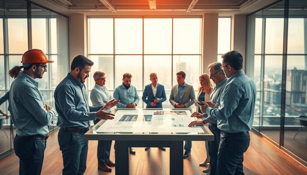 A diverse group of stakeholders engaged in a dynamic engineering project. In the foreground, engineers and project managers in professional attire discuss plans, gesturing towards a large, high-tech table display. The middle ground features representatives from government, industry, and community organizations, collaborating intently around the table. In the background, a modern office space with floor-to-ceiling windows overlooking a cityscape, bathed in warm, directional lighting that emphasizes the collaborative atmosphere. The overall scene conveys a sense of productive, cross-disciplinary engagement in the pursuit of an innovative engineering endeavor.