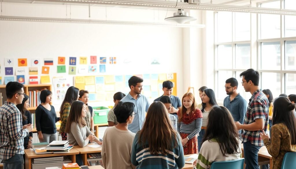 A diverse group of students from different cultural backgrounds gathered in a bright, airy classroom. In the foreground, they engage in lively discussions, exchanging ideas and practicing multilingual communication. The middle ground showcases an array of educational materials, including textbooks, language learning resources, and colorful wall displays. In the background, large windows flood the space with natural light, creating a warm and welcoming atmosphere that fosters a sense of inclusive learning. The overall scene conveys the importance of multilingual education, where individuals from various linguistic and cultural origins come together to expand their knowledge and perspectives.