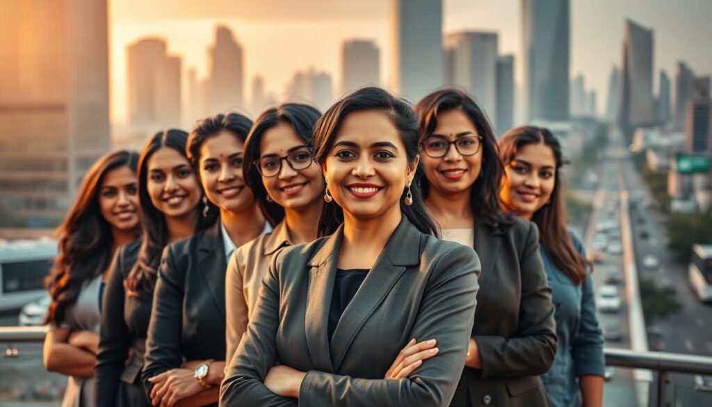 A diverse group of successful Indian women entrepreneurs standing confidently in a modern urban setting. In the foreground, the women wear professional attire and exude an air of authority and poise. In the middle ground, a bustling cityscape with sleek skyscrapers and busy streets. The lighting is warm and golden, casting a glow on the women's faces and creating a sense of aspiration and achievement. The camera angle is slightly elevated, emphasizing the women's power and influence. An atmospheric, inspirational scene capturing the strength and success of Indian women in business and entrepreneurship. A diverse group of successful Indian women entrepreneurs standing confidently in a modern urban setting. In the foreground, the women wear professional attire and exude an air of authority and poise. In the middle ground, a bustling cityscape with sleek skyscrapers and busy streets. The lighting is warm and golden, casting a glow on the women's faces and creating a sense of aspiration and achievement. The camera angle is slightly elevated, emphasizing the women's power and influence. An atmospheric, inspirational scene capturing the strength and success of Indian women in business and entrepreneurship.