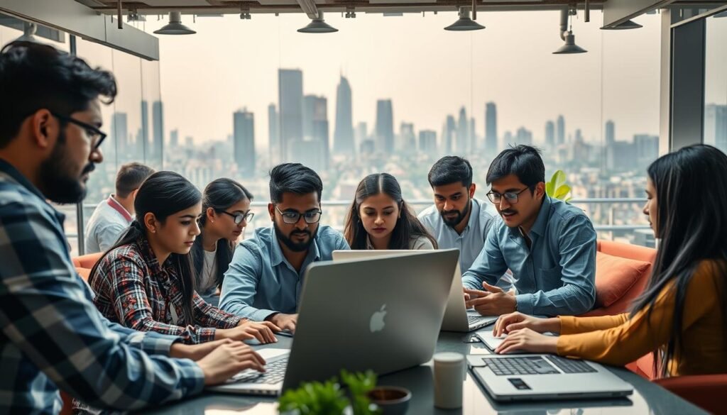 A diverse group of talented IT professionals, researchers, and engineers gathered in an open workspace, collaborating on cutting-edge projects. The foreground features individuals of various ages and backgrounds, deep in thought, coding on their laptops. The middle ground showcases a vibrant, modern office setting with sleek furniture, bright lighting, and dynamic energy. The background depicts the bustling cityscape of a major Indian technology hub, with towering skyscrapers and a hazy skyline. The scene conveys a sense of innovation, creativity, and the vast potential of India's thriving IT talent pool.