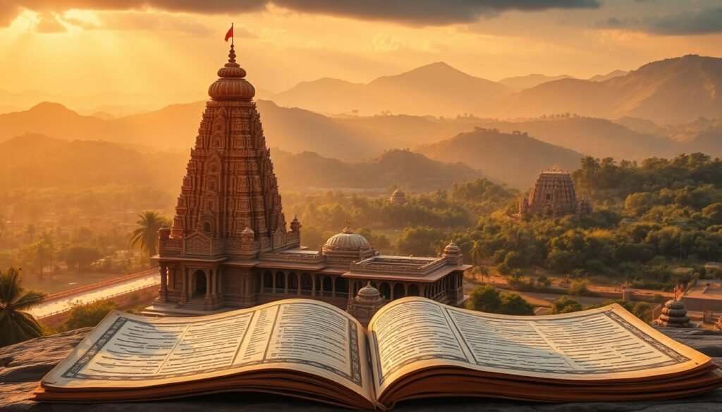 A dramatic landscape of ancient India, illuminated by a warm, golden light. In the foreground, a majestic temple stands, its intricate carvings and ornate architecture reflecting the rich cultural heritage of Sanskrit. In the middle ground, scrolls and manuscripts lie open, symbolizing the vast corpus of knowledge and literature preserved in this timeless language. The background is a tapestry of rolling hills and verdant forests, hinting at the natural world that inspired the development of Sanskrit. The scene conveys a sense of reverence, history, and the enduring significance of this linguistic and scholarly tradition.
