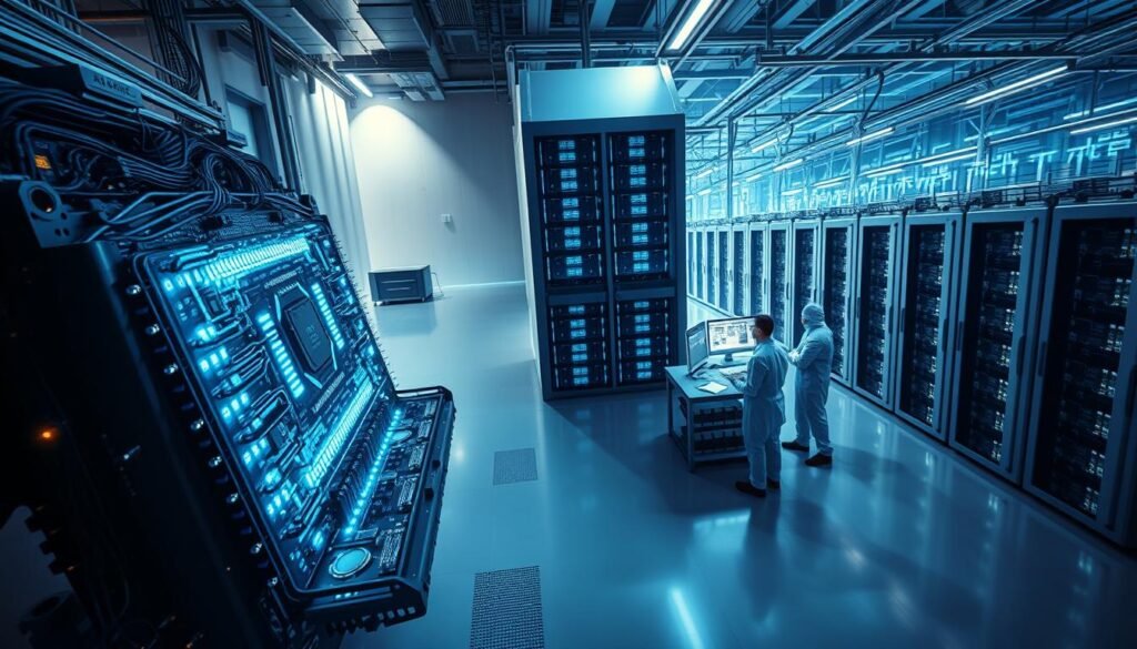 A dynamic aerial view of a futuristic quantum computing facility in 2025. In the foreground, a sleek, modular quantum processor hums with activity, its intricate components bathed in an ethereal blue glow. In the middle ground, scientists in clean-room suits collaborate at holographic workstations, analyzing complex quantum algorithms. In the background, a towering quantum data center houses rows of cryogenically-cooled quantum computers, their quantum states entangled and intertwined. The scene is illuminated by soft, indirect lighting that casts long shadows, conveying a sense of scientific wonder and technological prowess. The overall atmosphere is one of cutting-edge innovation, where the boundaries of classical computing are pushed beyond their limits.