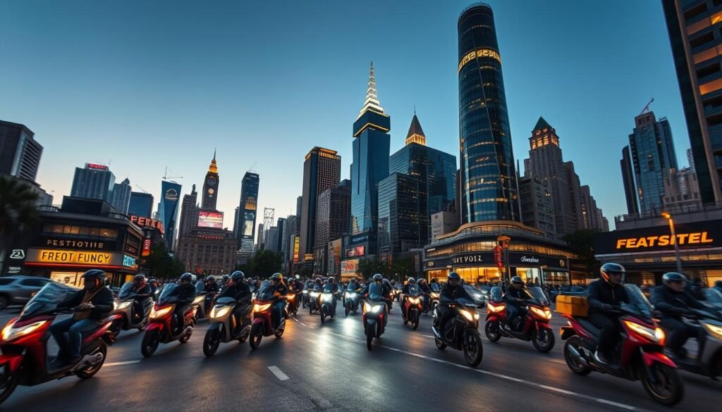 A dynamic cityscape at dusk, bustling with the frenzied competition of food delivery services. In the foreground, a fleet of sleek scooters and bicycles zip through the streets, their riders navigating the urban maze with laser-focused intensity. In the middle ground, the facades of towering skyscrapers are illuminated by the warm glow of neon signs, signaling the lure of restaurants and eateries. The background is a kaleidoscope of towering structures, their windows casting a soft, golden light that reflects off the glistening asphalt. Overhead, a starry night sky serves as a backdrop to this high-stakes race, where every second counts and the competition is fierce. A dynamic cityscape at dusk, bustling with the frenzied competition of food delivery services. In the foreground, a fleet of sleek scooters and bicycles zip through the streets, their riders navigating the urban maze with laser-focused intensity. In the middle ground, the facades of towering skyscrapers are illuminated by the warm glow of neon signs, signaling the lure of restaurants and eateries. The background is a kaleidoscope of towering structures, their windows casting a soft, golden light that reflects off the glistening asphalt. Overhead, a starry night sky serves as a backdrop to this high-stakes race, where every second counts and the competition is fierce.