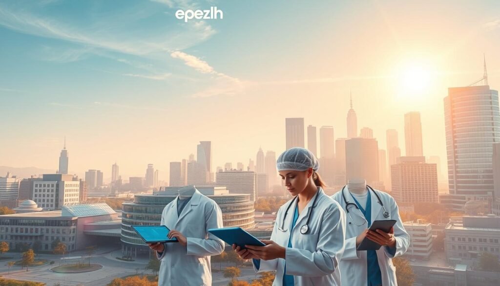 A dynamic cityscape showcases a seamless integration of public and private entities, symbolizing the collaborative efforts in digital health. In the foreground, medical professionals engage with cutting-edge technology, such as tablets and holographic displays, illustrating the transformative power of public-private partnerships. The middle ground features a mix of modern hospital buildings and tech hubs, their architectural designs blending functionality and innovation. In the background, a vibrant skyline with towering skyscrapers and a clear, sun-drenched sky conveys a sense of progress and optimism. Subtle lighting and a warm color palette evoke a mood of collaboration, efficiency, and a shared vision for the future of healthcare.