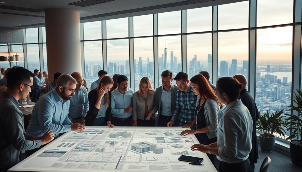 A dynamic, collaborative workspace filled with professionals engaged in Building Information Modeling (BIM) activities. In the foreground, a group of architects, engineers, and construction managers huddle around a large touchscreen display, reviewing 3D models and coordinating their projects. Soft, ambient lighting casts a warm glow over the scene, while floor-to-ceiling windows provide a panoramic view of a bustling city skyline in the background. The atmosphere is one of focused, productive teamwork, with everyone contributing their expertise to the shared goal of designing and constructing intelligent, sustainable buildings.