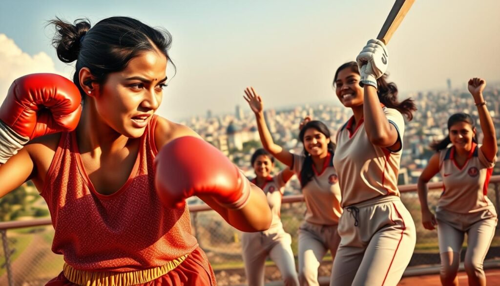 A dynamic scene of Indian women athletes in action, breaking barriers and shattering stereotypes. In the foreground, a determined female boxer unleashes a powerful punch, her face etched with fierce concentration. In the middle ground, a group of young female cricketers celebrate a victory, their joy and camaraderie palpable. In the background, a panoramic view of a bustling Indian city, symbolizing the societal and cultural shifts that are enabling these women to thrive in their respective sports. The scene is bathed in warm, golden light, capturing the triumph and resilience of these trailblazers. The overall mood is one of empowerment, inspiration, and the promise of a more equal and inclusive future for women in India. A dynamic scene of Indian women athletes in action, breaking barriers and shattering stereotypes. In the foreground, a determined female boxer unleashes a powerful punch, her face etched with fierce concentration. In the middle ground, a group of young female cricketers celebrate a victory, their joy and camaraderie palpable. In the background, a panoramic view of a bustling Indian city, symbolizing the societal and cultural shifts that are enabling these women to thrive in their respective sports. The scene is bathed in warm, golden light, capturing the triumph and resilience of these trailblazers. The overall mood is one of empowerment, inspiration, and the promise of a more equal and inclusive future for women in India.