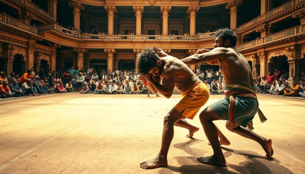 A dynamic scene of Indian wrestlers engaged in a traditional match, captured with a wide-angle lens. In the foreground, two muscular athletes grapple fiercely, their bodies intertwined in a display of strength and skill. The middle ground reveals a packed arena, with spectators lining the edges, their faces alight with enthusiasm. The background features the iconic architecture of an ancient Indian wrestling hall, its ornate columns and intricate carvings creating a timeless, immersive atmosphere. Warm, natural lighting casts dramatic shadows, emphasizing the physicality and intensity of the sport. An overall tone of cultural heritage, modern athleticism, and the enduring spirit of this revered Indian tradition.