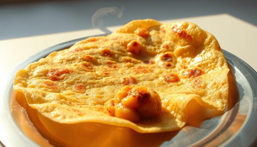 A freshly prepared South Indian dosa, its golden-brown crisp exterior glistening in the warm sunlight, sits invitingly on a steel plate. The dosa's thin, delicate crepe-like texture is accentuated by the subtle shadows cast by the overhead lighting, creating a sense of depth and dimension. In the foreground, a small mound of spiced potato filling peaks out from the dosa's interior, its aromatic steam wafting through the air. The background features a simple, minimalist setting, allowing the dosa to take center stage and showcase its mouthwatering appeal. Captured with a sharp, high-resolution lens, this image evokes the authentic flavors and textures of this beloved South Indian street food. A freshly prepared South Indian dosa, its golden-brown crisp exterior glistening in the warm sunlight, sits invitingly on a steel plate. The dosa's thin, delicate crepe-like texture is accentuated by the subtle shadows cast by the overhead lighting, creating a sense of depth and dimension. In the foreground, a small mound of spiced potato filling peaks out from the dosa's interior, its aromatic steam wafting through the air. The background features a simple, minimalist setting, allowing the dosa to take center stage and showcase its mouthwatering appeal. Captured with a sharp, high-resolution lens, this image evokes the authentic flavors and textures of this beloved South Indian street food.