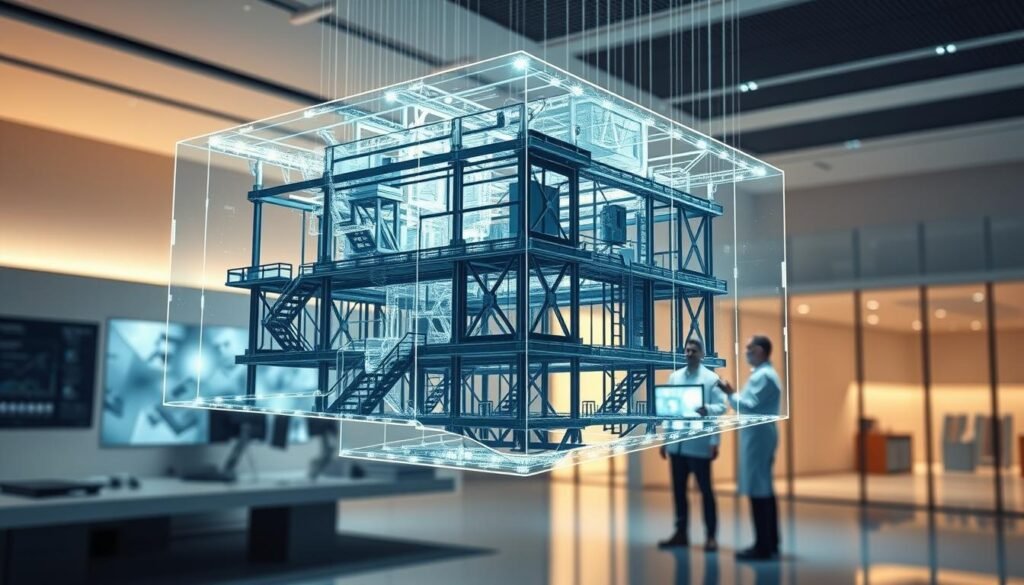 A futuristic architectural rendering showcasing the integration of advanced AI-powered Building Information Modeling (BIM) technology. In the foreground, a digital holographic model of a complex structural framework hovers, its intricate components dynamically adjusting in response to real-time data streams. In the middle ground, engineers in clean-room attire collaborate around a large interactive touchscreen, analyzing stress simulations and optimizing the design. The background depicts a sleek, minimalist office space bathed in warm, ambient lighting, hinting at the seamless fusion of human expertise and cutting-edge computational power that enables the creation of innovative, structurally sound edifices.