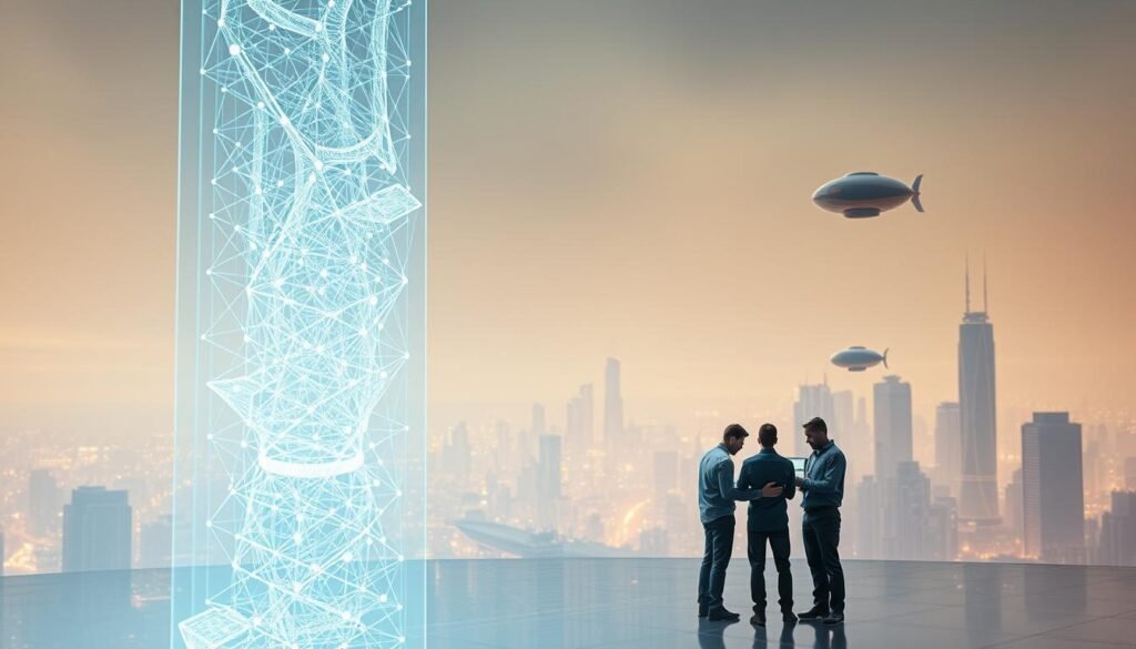 A futuristic city skyline, bathed in a soft, ambient glow. In the foreground, a towering holographic projection depicts a complex digital model, its intricate mesh of lines and shapes pulsing with real-time data. In the middle ground, a team of engineers huddles around a touchscreen interface, manipulating the virtual representation with fluid gestures. The background is a hazy landscape of skyscrapers and hovering transport pods, a vision of a hyper-connected, technologically-advanced urban environment. The scene conveys the power and potential of digital twin technology, where physical and virtual worlds converge to enable unprecedented levels of optimization, simulation, and predictive capabilities. A futuristic city skyline, bathed in a soft, ambient glow. In the foreground, a towering holographic projection depicts a complex digital model, its intricate mesh of lines and shapes pulsing with real-time data. In the middle ground, a team of engineers huddles around a touchscreen interface, manipulating the virtual representation with fluid gestures. The background is a hazy landscape of skyscrapers and hovering transport pods, a vision of a hyper-connected, technologically-advanced urban environment. The scene conveys the power and potential of digital twin technology, where physical and virtual worlds converge to enable unprecedented levels of optimization, simulation, and predictive capabilities.
