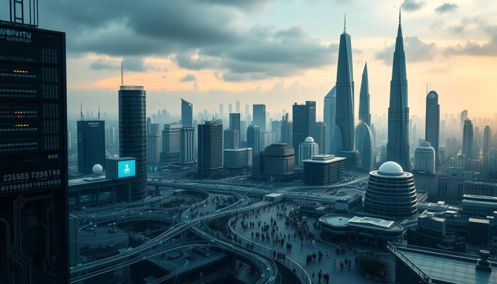 A futuristic city skyline with towering digital infrastructure, conveying the challenges of implementing a robust healthcare data system in India. The foreground features a network of interconnected servers, data hubs, and digital devices, symbolizing the complex web of health data management. In the middle ground, a diverse population navigates the landscape, representing the diverse stakeholders involved. The background showcases a blend of modern and traditional architectural styles, hinting at the juxtaposition of legacy and emerging healthcare technologies. Muted tones of blues, grays, and greens create a sense of technological depth and unease, alluding to the privacy and security concerns surrounding health data in India.