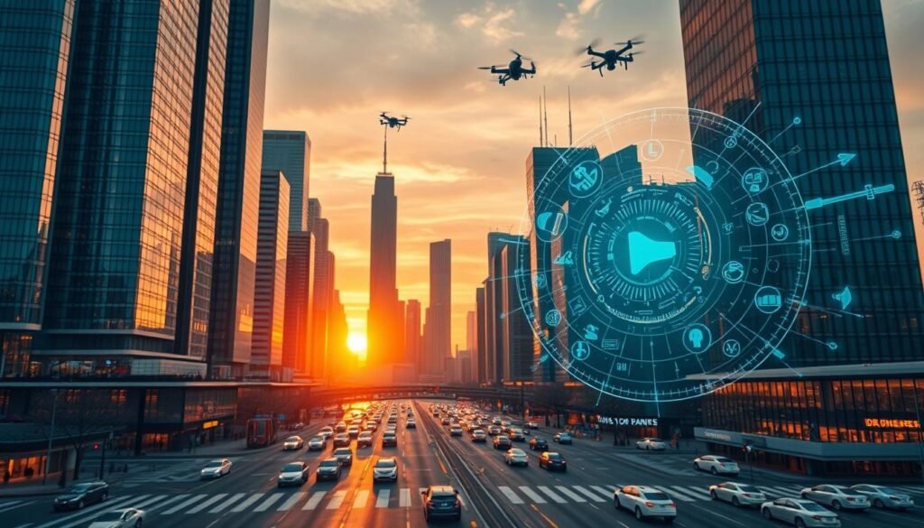 A futuristic cityscape at dusk, with towering skyscrapers and gleaming glass facades reflecting the warm hues of the setting sun. In the foreground, a holographic display projects a rotating array of icons and data visualizations, representing the cutting-edge technologies that are shaping the future. Sleek, autonomous vehicles navigate the streets below, while drones and aerial platforms dart through the sky. The atmosphere is one of progress, innovation, and a sense of wonder at the emerging possibilities that lie ahead.