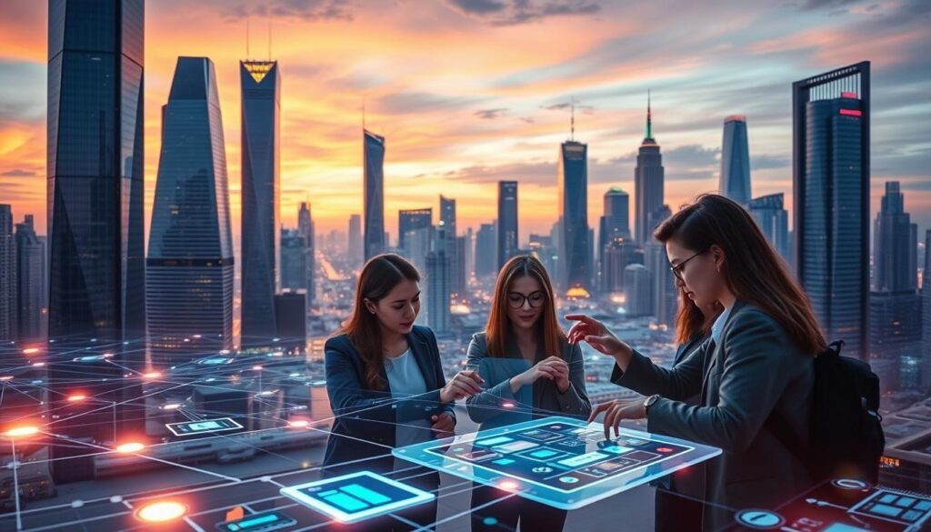 A futuristic cityscape at dusk, with towering skyscrapers and sleek, minimalist architecture. In the foreground, a group of young professionals gathered around a holographic display, collaboratively designing a mobile app using intuitive, gesture-based controls. The middle ground features a network of glowing data streams and interface elements, reflecting the seamless integration of no-code development tools. In the background, the skyline is bathed in a warm, golden glow, conveying a sense of progress and innovation. The scene is captured with a cinematic, wide-angle lens, creating a sense of scale and immersion. The overall mood is one of efficiency, simplicity, and the empowerment of non-technical users in the creation of cutting-edge applications.