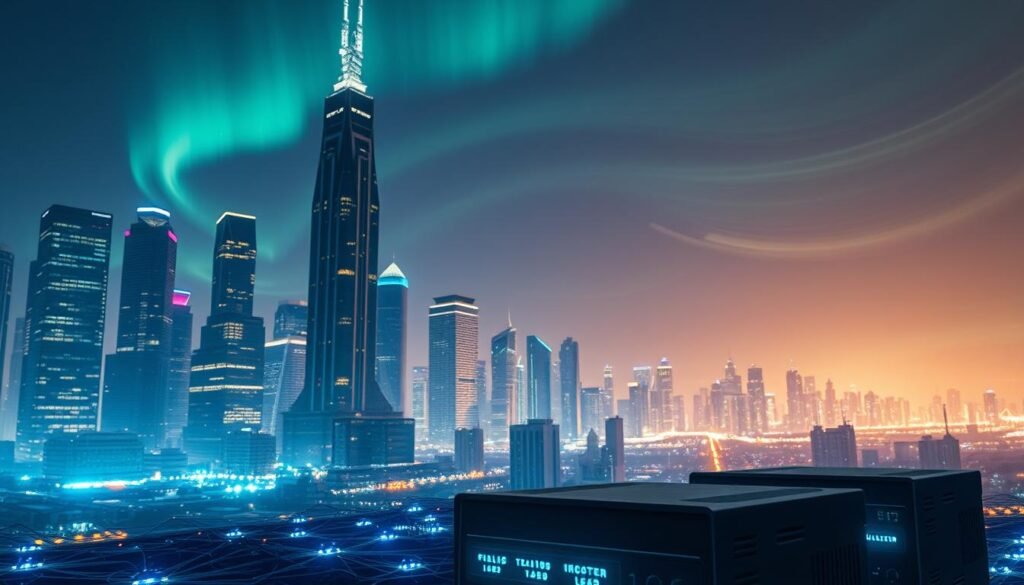 A futuristic cityscape at night, with towering skyscrapers and a network of glowing interconnected devices at their base. In the foreground, a cluster of sleek, compact edge devices hum with activity, their LED indicators pulsing with data. Diffused lighting casts a warm, ambient glow, while the sky is streaked with swirling auroras of digital information. The scene conveys a sense of technological integration, where the power of local processing empowers real-time insights and decision-making at the edge of the network.