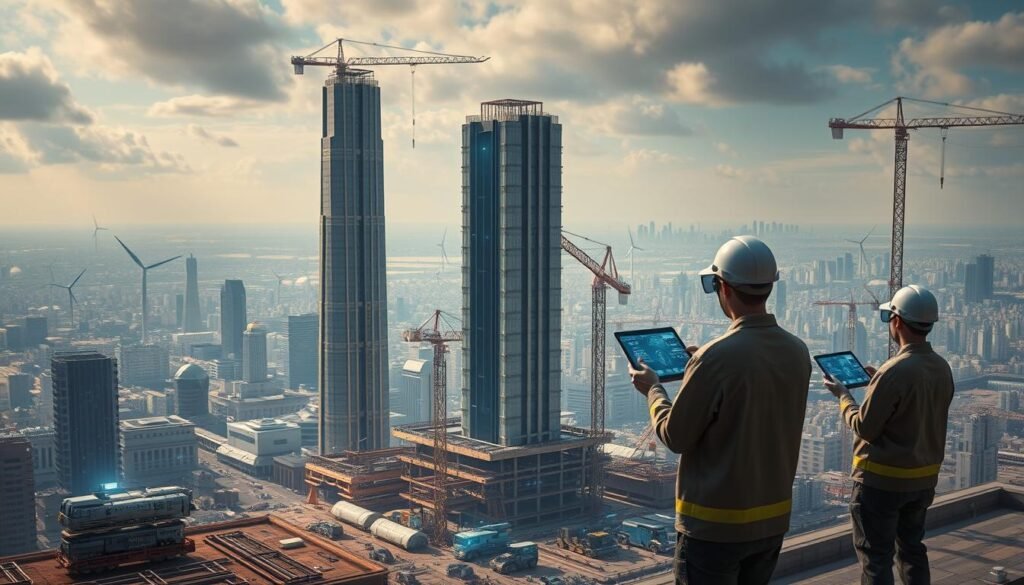 A futuristic cityscape, bathed in a soft, ambient glow, where towering skyscrapers and construction sites seamlessly integrate cloud-based technology. In the foreground, workers utilizing augmented reality goggles and tablets oversee the progress of a high-rise development, coordinating in real-time with remote teams. In the middle ground, autonomous cranes and vehicles efficiently transport materials, while 3D-printed components are assembled with precision. The background reveals a sprawling metropolis, its skyline punctuated by wind turbines and solar panels, symbolizing a sustainable, technology-driven future of construction.