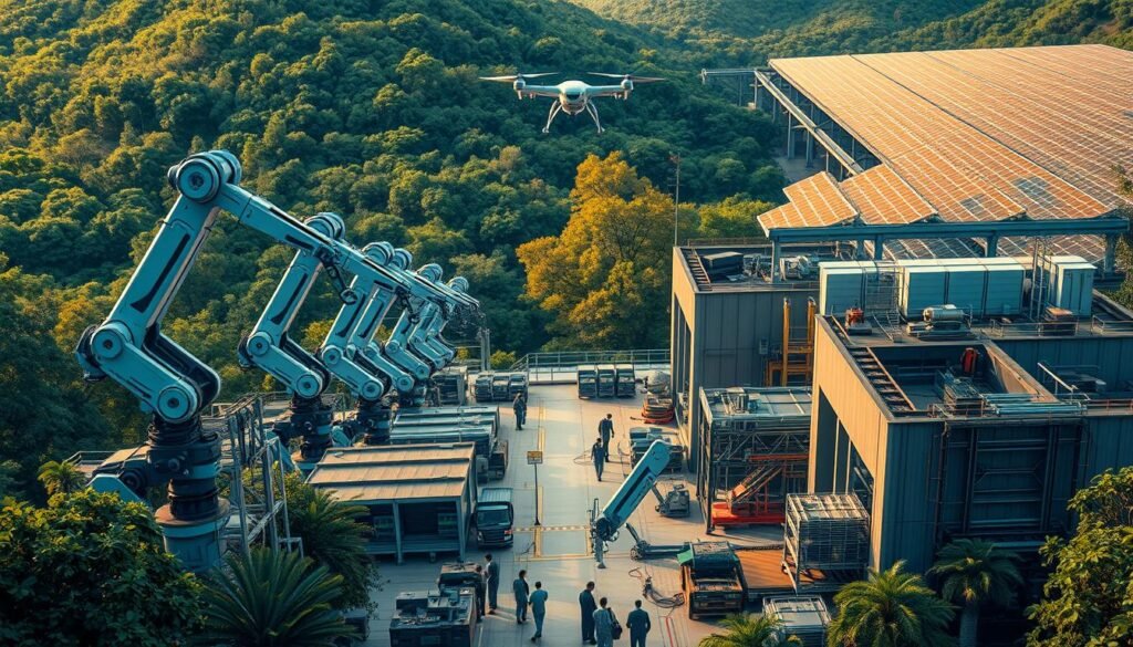 A futuristic high-tech factory nestled in a lush, verdant landscape. Towering robotic arms gracefully assemble state-of-the-art products, their movements choreographed by an intelligent control system. In the foreground, a team of technicians monitors the production, their faces illuminated by holographic displays. Overhead, a network of drones zips between the buildings, delivering materials and components. The factory is powered by a massive solar array that stretches across the horizon, bathing the scene in a warm, golden light. This is the future of manufacturing, where automation, sustainability, and human-machine collaboration converge to drive innovation and progress.