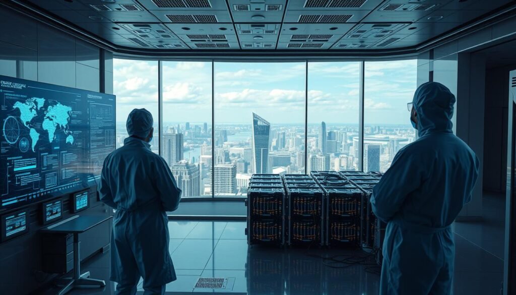 A futuristic scene of a government-funded quantum research facility in 2025. In the foreground, a team of scientists in clean-room suits intently monitor a series of holographic displays, analyzing complex quantum algorithms. In the middle ground, an array of advanced quantum computers hums with energy, their cooling systems a mesmerizing dance of light and shadow. The background is dominated by a panoramic window, offering a breathtaking view of a bustling metropolis - a testament to the city's commitment to advancing quantum technologies. Soft, directional lighting casts a serene, contemplative mood, underscoring the gravity of the work being done within these walls.