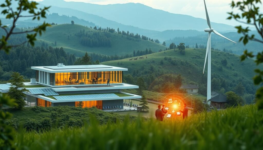 A futuristic sustainable engineering facility nestled in a lush, verdant landscape. In the foreground, a group of engineers collaborate on innovative renewable energy projects, their faces illuminated by the warm glow of holographic displays. The middle ground features a sleek, minimalist building with expansive windows, solar panels, and a towering wind turbine. In the background, rolling hills dotted with forests and wildlife create a serene, eco-friendly atmosphere. The scene is bathed in soft, diffused lighting, conveying a sense of harmony between technology and nature. Cinematic camera angles and a shallow depth of field emphasize the dynamic, collaborative nature of the sustainable engineering practices.