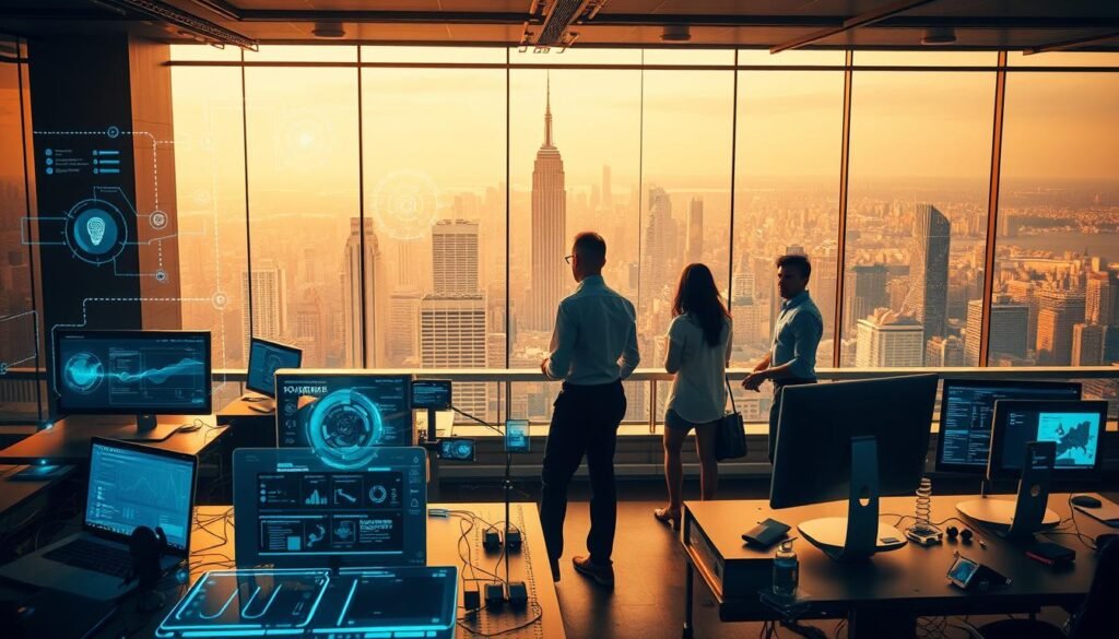 A futuristic workspace in 2025, bathed in warm, ambient lighting. In the foreground, an array of cutting-edge AI productivity tools - sleek, holographic interfaces, voice-controlled virtual assistants, and autonomous task managers. The middle ground features a team of professionals collaborating seamlessly, their movements tracked by intelligent algorithms that optimize workflow. In the background, a panoramic view of a bustling, high-tech cityscape, hinting at the integration of these tools into the broader landscape of the future. The scene conveys a sense of efficiency, innovation, and the seamless blending of human and artificial intelligence.