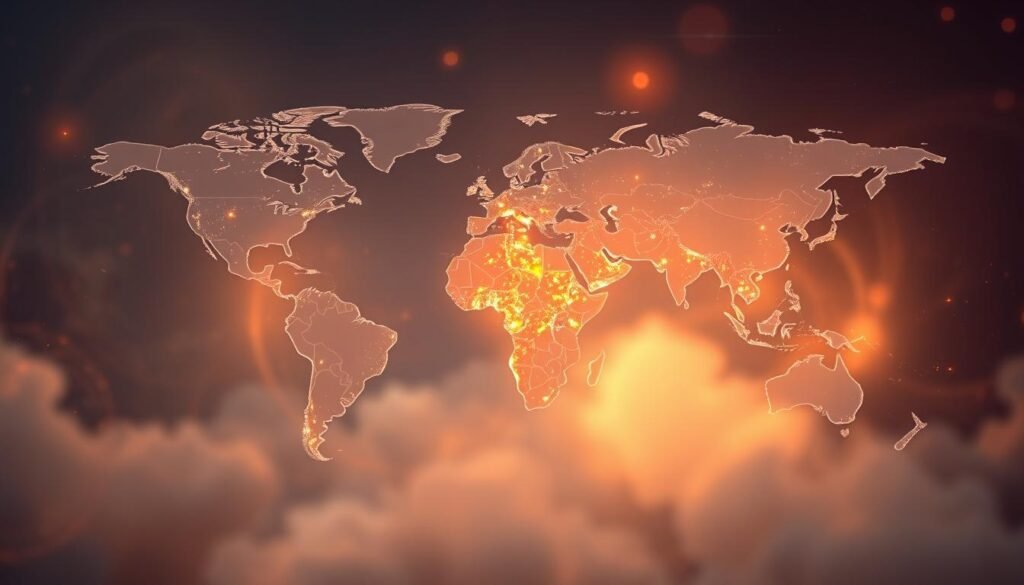 A global map floating in a dreamlike, ethereal space, illuminated by warm, diffused lighting. In the foreground, the Indian subcontinent stands out, glowing with a vibrant, pulsing energy, symbolizing the burgeoning IT and service industry. Around it, the world's continents appear as ghostly, semi-transparent shapes, suggesting the interconnectedness and reach of India's technological prowess. In the background, a backdrop of swirling, abstract patterns and shapes evokes a sense of dynamism, progress, and the rapid evolution of the global digital landscape. The overall composition conveys a sense of India's growing prominence and influence on the world stage.