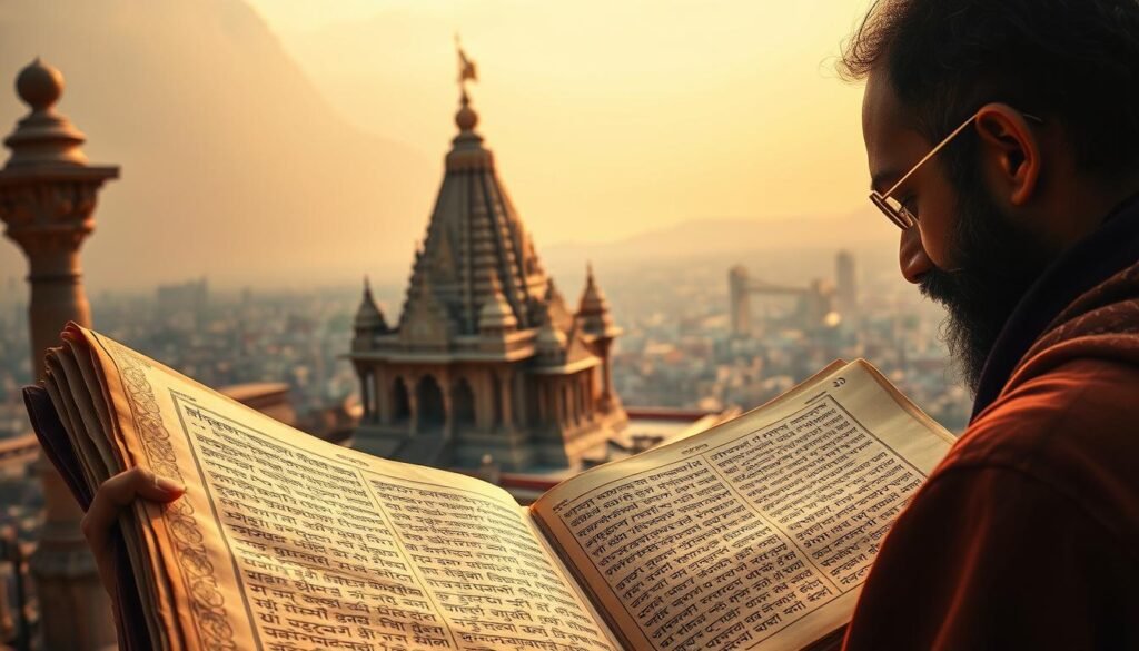 A grand, ancient Sanskrit manuscript unfurls, its intricate script glowing in a warm, golden light. In the foreground, a scholar pores over the parchment, their face alight with reverence and wonder. Behind them, a majestic temple rises, its ornate spires and columns a testament to the language's enduring influence. In the distance, a bustling city thrums with activity, a symbol of the revival of this timeless tongue. The scene is bathed in a soft, serene atmosphere, conveying the deep respect and appreciation for the revival of this profound and sacred language.