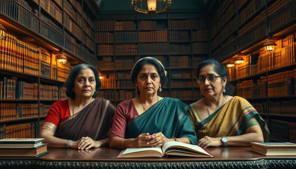 A grand and majestic library, with rows of leather-bound tomes lining the walls. Sitting at an ornate wooden desk, three prominent female figures from India's literary history are engaged in deep contemplation. Amidst the warm, ambient lighting, the radiant visages of Sarojini Naidu, Anita Desai, and Arundhati Roy take center stage, their expressions reflecting the profundity of their words and the weight of their contributions to the literary landscape. The scene exudes an air of intellectual gravitas, with a sense of timelessness and reverence for the enduring legacy of these trailblazing women of India. A grand and majestic library, with rows of leather-bound tomes lining the walls. Sitting at an ornate wooden desk, three prominent female figures from India's literary history are engaged in deep contemplation. Amidst the warm, ambient lighting, the radiant visages of Sarojini Naidu, Anita Desai, and Arundhati Roy take center stage, their expressions reflecting the profundity of their words and the weight of their contributions to the literary landscape. The scene exudes an air of intellectual gravitas, with a sense of timelessness and reverence for the enduring legacy of these trailblazing women of India.