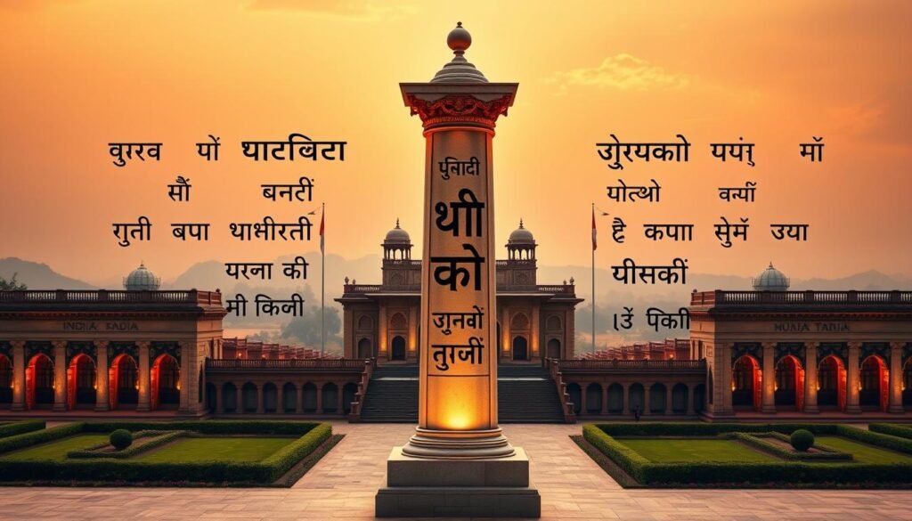 A grand and stately visual representation of the official languages of India, captured in a symmetrical arrangement. In the foreground, a central pillar adorned with the Devanagari script, symbolizing the national language, Hindi. Surrounding it, an elegant array of script fragments in various regional official languages, including Bengali, Telugu, Marathi, Tamil, and more, each elegantly illuminated. The middle ground features ornate architectural elements, columns, and archways, suggesting the diversity and unity of India's linguistic heritage. The background showcases a vibrant, warm-toned landscape, hinting at the vast geographical and cultural expanse of the nation. The scene is imbued with a sense of timeless grandeur, captured under the warm, diffused lighting of an early evening.