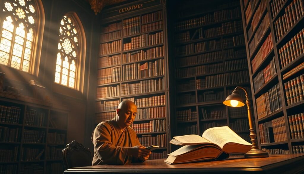 A grand library interior, with towering bookshelves lining the walls, bathed in warm, golden light filtering through ornate windows. Antique leather-bound volumes, their spines emblazoned with intricate calligraphic titles, rest upon the shelves. In the foreground, a wooden reading desk holds an open book, its pages illuminated by a single lamp, casting a soft glow. A contemplative scholar, dressed in traditional robes, sits before the desk, engrossed in the timeless wisdom of the classical literature. The atmosphere is one of reverence and scholarly pursuit, reflecting the enduring legacy of Sanskrit, the language that shaped India's intellectual and cultural heritage.