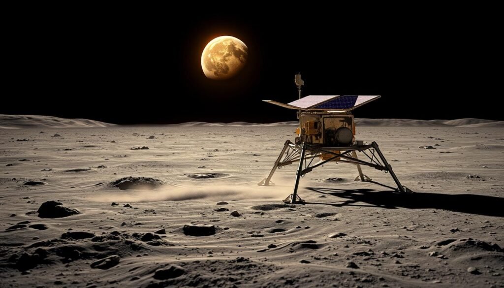 A grand lunar lander descends onto the stark gray surface of the Moon, its legs extended, kicking up fine regolith dust. In the distance, the Earth rises majestically above the lunar horizon, bathed in a warm, golden glow. Sleek solar panels unfurl, powering scientific instruments that scan the desolate landscape. Chandrayaan, India's pioneering lunar exploration mission, has arrived to uncover the Moon's secrets, paving the way for future robotic and human endeavors. Diffuse sunlight casts long shadows, creating a sense of isolation and wonder. The scene conveys India's ambition to expand its space capabilities and contribute to the growing global effort to understand our closest celestial neighbor.