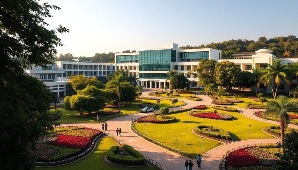 A grand, modern university campus nestled amidst lush greenery, with a mix of contemporary and traditional architectural styles. The main administrative building stands tall, its clean lines and glass facades reflecting the sky above. Surrounding it, well-manicured gardens with vibrant flowers and meandering pathways invite students to explore. The campus is bathed in warm, golden sunlight, creating a serene and welcoming atmosphere. In the distance, a few students stroll leisurely, symbolizing the open and accessible nature of this premier distance learning institution - the Indira Gandhi National Open University.