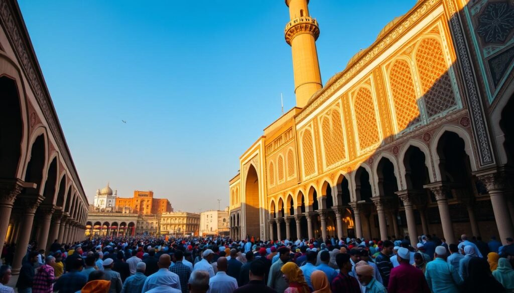 A grand mosque stands tall, its towering minarets reaching towards the clear blue sky. Intricate arabesque patterns adorn the façade, casting mesmerizing shadows across the bustling courtyard. In the foreground, a group of devout worshippers gather, their colorful robes and headscarves a vibrant testament to the diversity of India's Muslim community. The warm, golden light filters through the ornate archways, creating an atmosphere of solemnity and reverence. In the distance, the bustling streets of the city provide a lively backdrop, hinting at the seamless integration of Islam within the fabric of Indian society. A grand mosque stands tall, its towering minarets reaching towards the clear blue sky. Intricate arabesque patterns adorn the façade, casting mesmerizing shadows across the bustling courtyard. In the foreground, a group of devout worshippers gather, their colorful robes and headscarves a vibrant testament to the diversity of India's Muslim community. The warm, golden light filters through the ornate archways, creating an atmosphere of solemnity and reverence. In the distance, the bustling streets of the city provide a lively backdrop, hinting at the seamless integration of Islam within the fabric of Indian society.