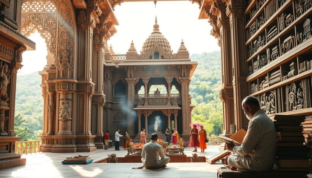 A grand temple complex with ornate architecture, carved with intricate Vedic motifs and symbols. Sunlight filters through the ornate latticed windows, casting a warm, ethereal glow over the intricate stone carvings depicting scenes from ancient Hindu epics. In the foreground, a scholar sits cross-legged, poring over ancient manuscripts, surrounded by towering bookshelves filled with sacred Vedic texts. The middle ground features devotees making offerings at a central shrine, the air heavy with the scent of incense. In the distance, a lush, verdant landscape frames the temple, suggesting the deep connection between the Vedas and the natural world. A grand temple complex with ornate architecture, carved with intricate Vedic motifs and symbols. Sunlight filters through the ornate latticed windows, casting a warm, ethereal glow over the intricate stone carvings depicting scenes from ancient Hindu epics. In the foreground, a scholar sits cross-legged, poring over ancient manuscripts, surrounded by towering bookshelves filled with sacred Vedic texts. The middle ground features devotees making offerings at a central shrine, the air heavy with the scent of incense. In the distance, a lush, verdant landscape frames the temple, suggesting the deep connection between the Vedas and the natural world.