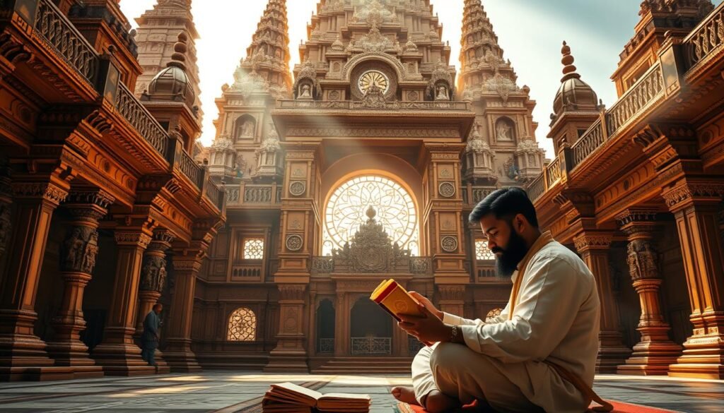 A grand temple, its towering spires reaching towards the heavens, stands as a testament to the timeless wisdom of the Vedas. Ornate carvings and intricate mandalas adorn the walls, each detail a reflection of the profound knowledge contained within these ancient Sanskrit texts. Sunlight filters through ornate windows, casting a warm glow upon the sacred space, as if the divine itself permeates the very air. In the foreground, a scholar sits cross-legged, poring over the scrolls, his face a study in deep contemplation. The scene exudes a sense of reverence and timelessness, capturing the essence of Sanskrit and its enduring influence on India's rich intellectual heritage.